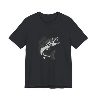 Walleye Fishing Graphic T-Shirt – Dark Theme Grayscale Freshwater Game Fish Design on Black Tee with Angler Energy and Modern Ghost Effect. Unisex Jersey Short Sleeve Tee