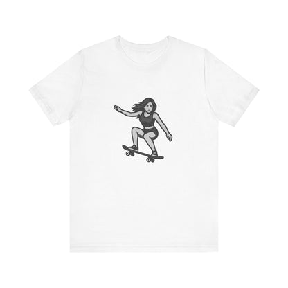 Skater Girl Graphic T-Shirt – Dark Theme Grayscale Skateboarding Design on Black Tee with Bold Motion and Modern Ghost Effect. Unisex Jersey Short Sleeve Tee