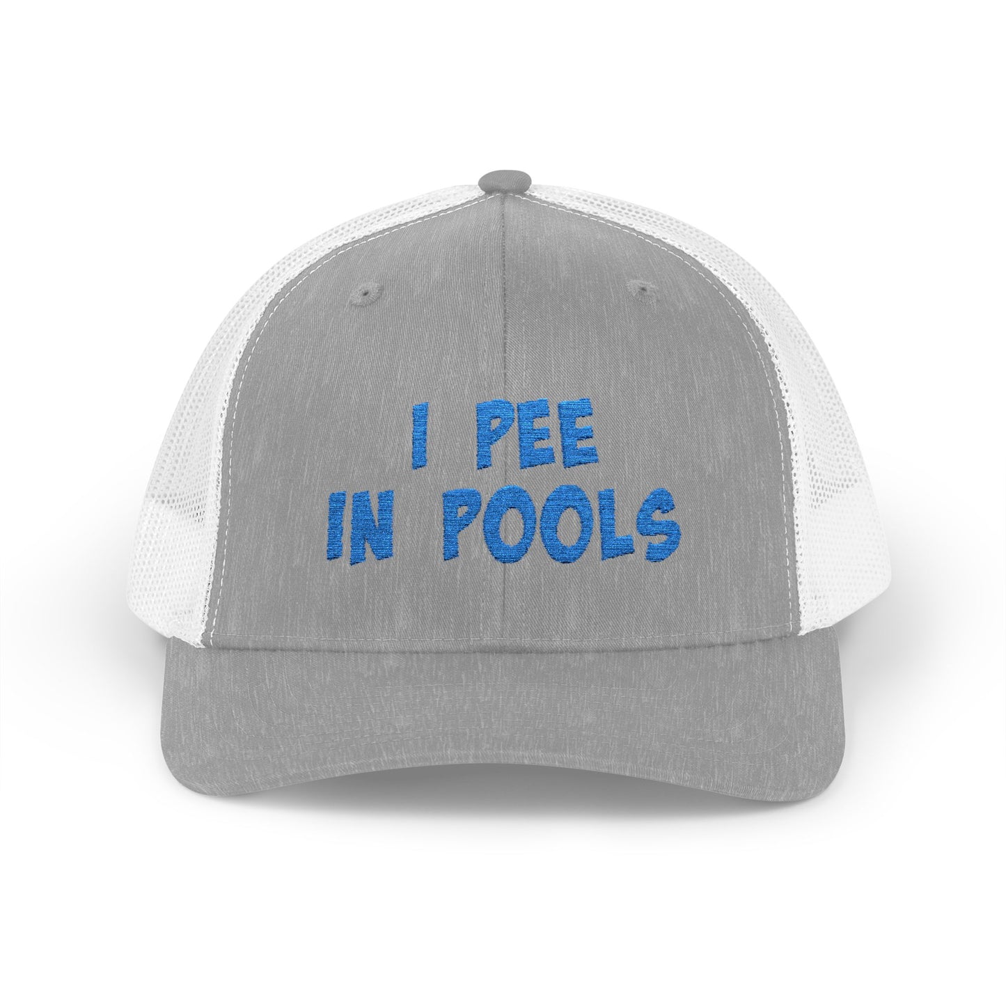 I Pee In Pools Trucker Hat – Funny Hat with Bold Blue Text for Lifeguard Terrors and Poolside Menaces