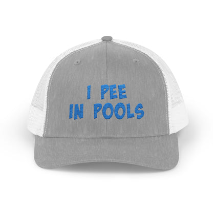 I Pee In Pools Trucker Hat – Funny Hat with Bold Blue Text for Lifeguard Terrors and Poolside Menaces