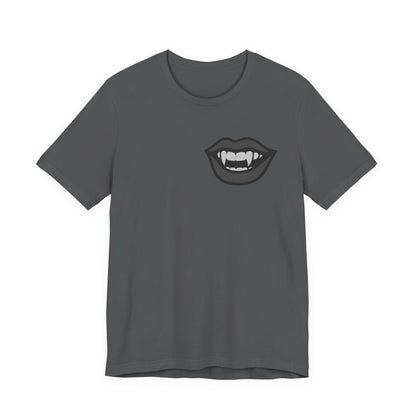Vampire Mouth Graphic T-Shirt – Dark Theme Grayscale Fanged Lips on Black Tee with Gothic Bite and Modern Ghost Effect. Unisex Jersey Short Sleeve Tee