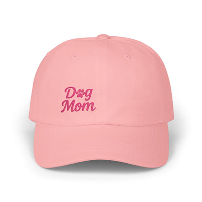 Dog Mom Classic Dad Hat – Embroidered Minimalist Dog Face Hat for Proud Pet Moms and Canine Queens. Pink Letters