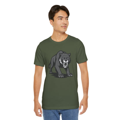 Saber-Tooth Tiger Graphic Tee Dark Theme – Fierce Prehistoric Vector Design with Modern Edge