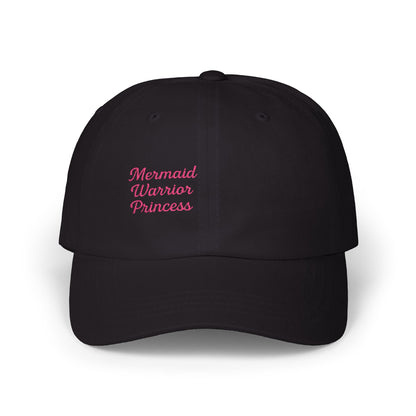 Mermaid Warrior Princess Embroidered Classic Dad Hat – Bold Text Hat for Ocean Queens, Fantasy Fans, and Fierce Beach Style. Pink Letters