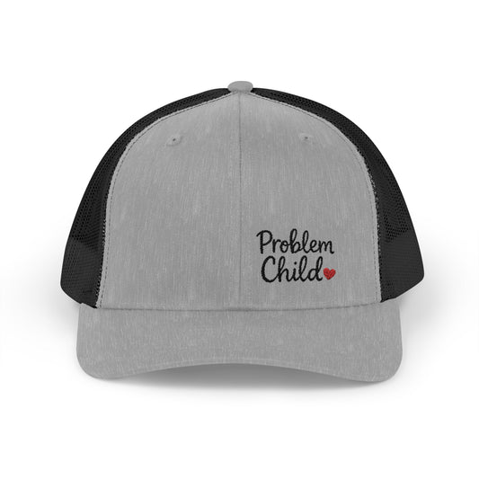 Problem Child Trucker Hat – Bold Script Hat with Red Heart for the Unruly and Unapologetic.