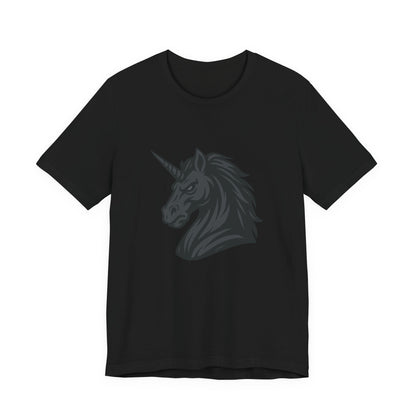 Dark Unicorn Profile T-Shirt – Dark Theme Grayscale Fierce Mythical Horse Design on Black Tee with Gothic Magic and Modern Ghost Effect. Unisex Jersey Short Sleeve Tee
