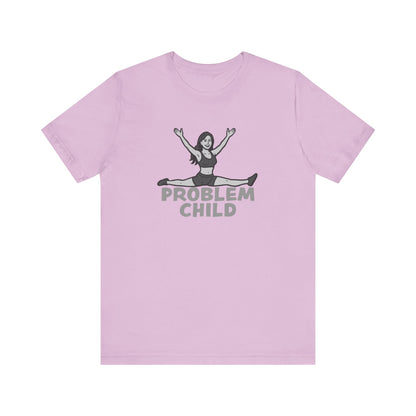 Problem Child Graphic Tee Cheerful Rebel Jump Pose in Bold Dark Theme Monochrome Style. Unisex Jersey Short Sleeve Tee
