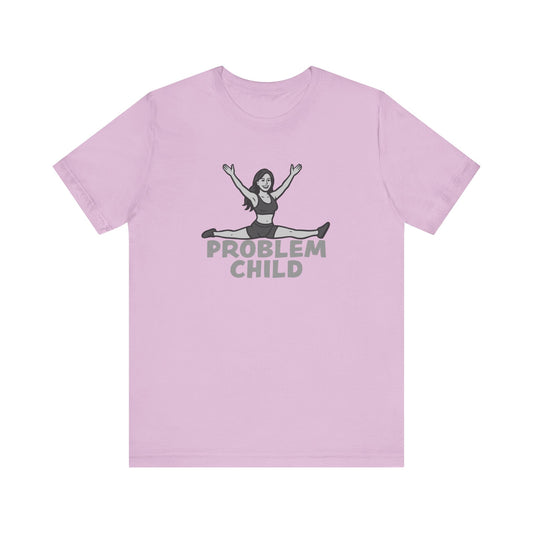 Problem Child Graphic Tee Cheerful Rebel Jump Pose in Bold Dark Theme Monochrome Style. Unisex Jersey Short Sleeve Tee