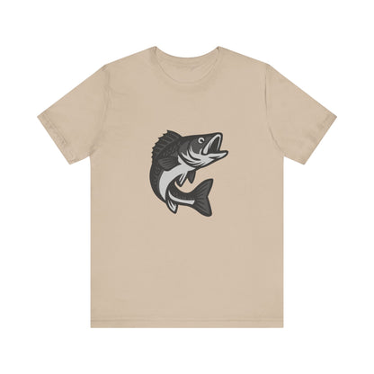 Walleye Fishing Graphic T-Shirt – Dark Theme Grayscale Freshwater Game Fish Design on Black Tee with Angler Energy and Modern Ghost Effect. Unisex Jersey Short Sleeve Tee