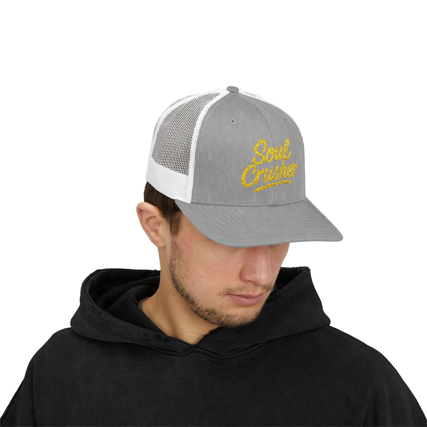 Soul Crusher Trucker Hat – Clean Script Hat with Bold Edge for Heartbreakers, Villains, and Power Moves. Yellow Letters