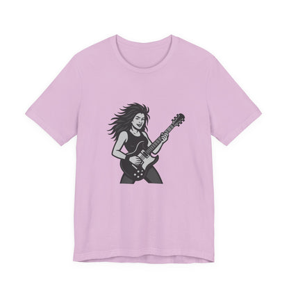 Rock Guitar Girl Graphic T-Shirt – Dark Theme Grayscale Electric Guitarist Design on Black Tee with Music Attitude and Modern Ghost Effect. Unisex Jersey Short Sleeve Tee
