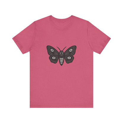 Moth Graphic T-Shirt – Dark Theme Grayscale Winged Insect Design on Black Tee with Gothic Mood and Subtle Modern Ghost Effect. Unisex Jersey Short Sleeve Tee