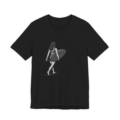 Surfer Girl Walking Graphic T-Shirt – Dark Theme Grayscale Beach Scene on Black Tee with Coastal Calm and Modern Ghost Effect. Unisex Jersey Short Sleeve Tee