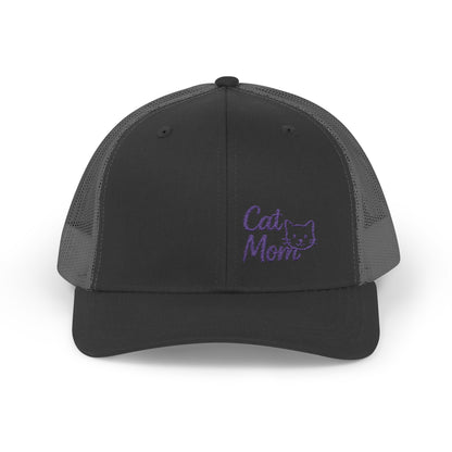 Cat Mom Trucker Hat – Embroidered Minimalist Cat Face Hat for Proud Pet Moms and Stylish Feline Fans. Purple Letters