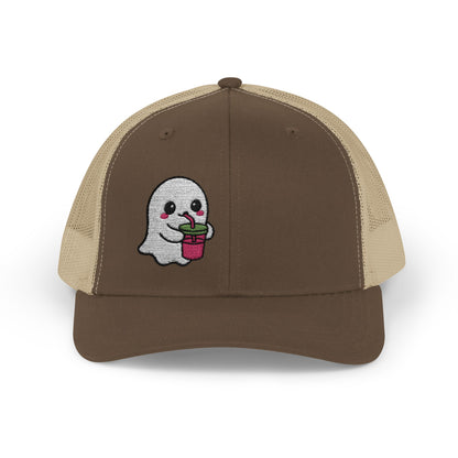 Cute Ghost Trucker Hat – Embroidered Kawaii Ghost Drinking Hat for Halloween Vibes and Everyday Boo Energy