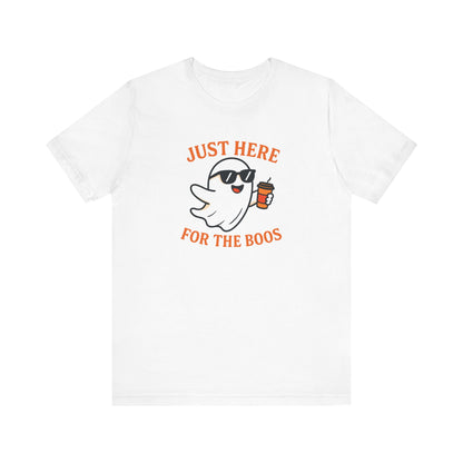 Just Here for the Boos Halloween Shirt – Funny Ghost Drinking Coffee Graphic Tee for Spooky Season