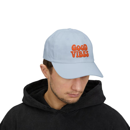 Good Vibes Classic Dad Hat – Embroidered Retro Text Hat for Positive Vibes, Chill Style, and Everyday Feel-Good Energy. Orange Letters