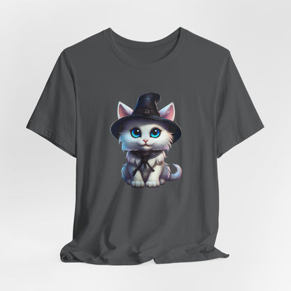 Adorable Witch Cat Halloween Shirt – Cute White Cat in Hat Graphic Tee for Cat Lovers and Halloween Fans