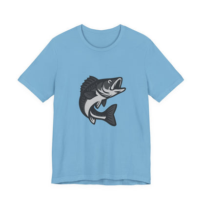 Walleye Fishing Graphic T-Shirt – Dark Theme Grayscale Freshwater Game Fish Design on Black Tee with Angler Energy and Modern Ghost Effect. Unisex Jersey Short Sleeve Tee