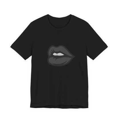 Dark Lips Graphic T-Shirt – Dark Theme Grayscale Biting Lip Design on Black Tee with Subtle Seduction and Modern Ghost Effect. Unisex Jersey Short Sleeve Tee
