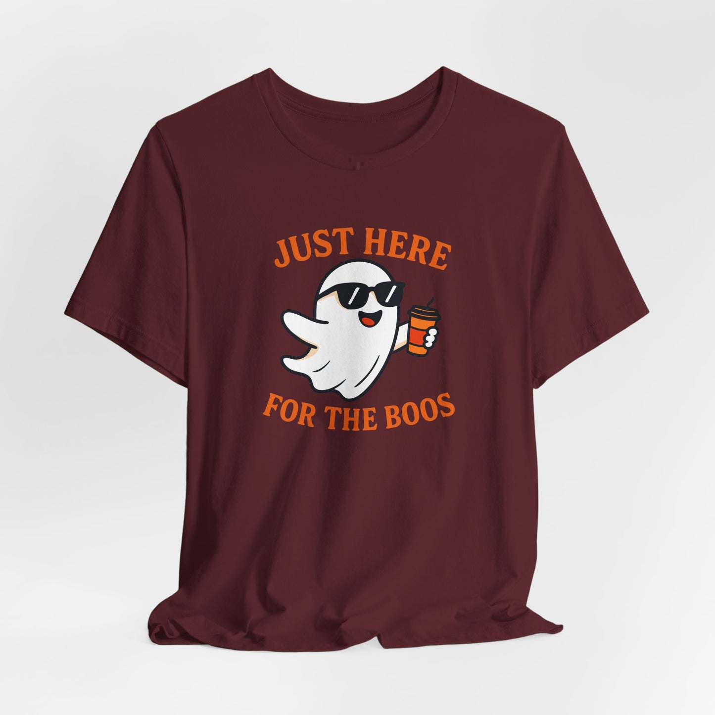 Just Here for the Boos Halloween Shirt – Funny Ghost Drinking Coffee Graphic Tee for Spooky Season