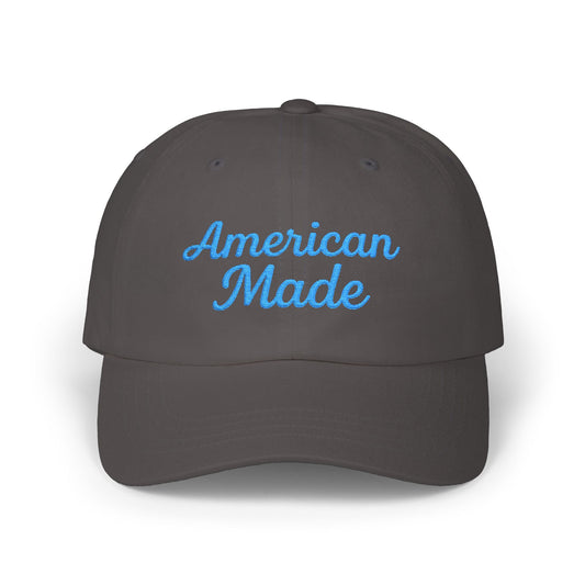 American Made Classic Dad Hat – Embroidered Patriotic Baseball Hat with Retro Script for USA Pride and Everyday Wear. Light blue letters