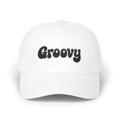 Groovy Classic Dad Hat – Retro Embroidered Hat with 70s Style Font for Funky Vibes, Chill Days, and Vintage Cool. Black Letters
