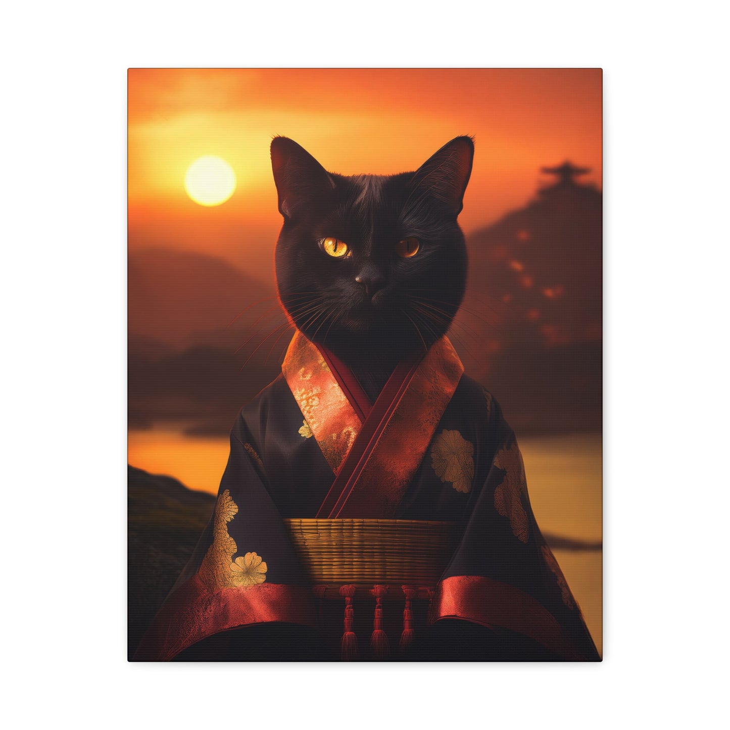 Zen Whiskers: Geisha Cat at Sunset Canvas Art | Stretched Matte Wall Decor 002