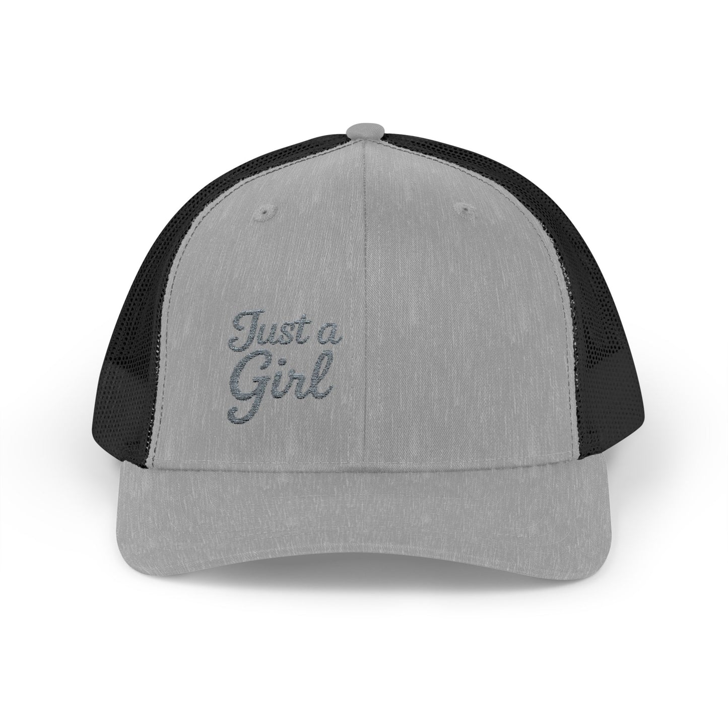 Just a Girl Trucker Hat – Minimalist Script Hat with Bold Feminine Energy and Classic Style. Grey Letters
