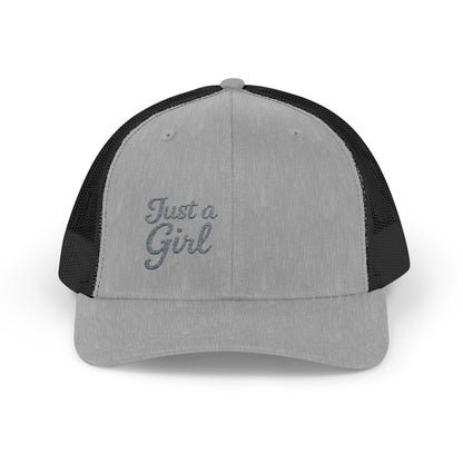 Just a Girl Trucker Hat – Minimalist Script Hat with Bold Feminine Energy and Classic Style. Grey Letters