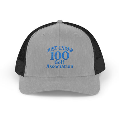 Just Under 100 Golf Trucker Hat – Embroidered Funny Golf Hat for Weekend Golfers and Casual Fairway Vibes. Blue Letters