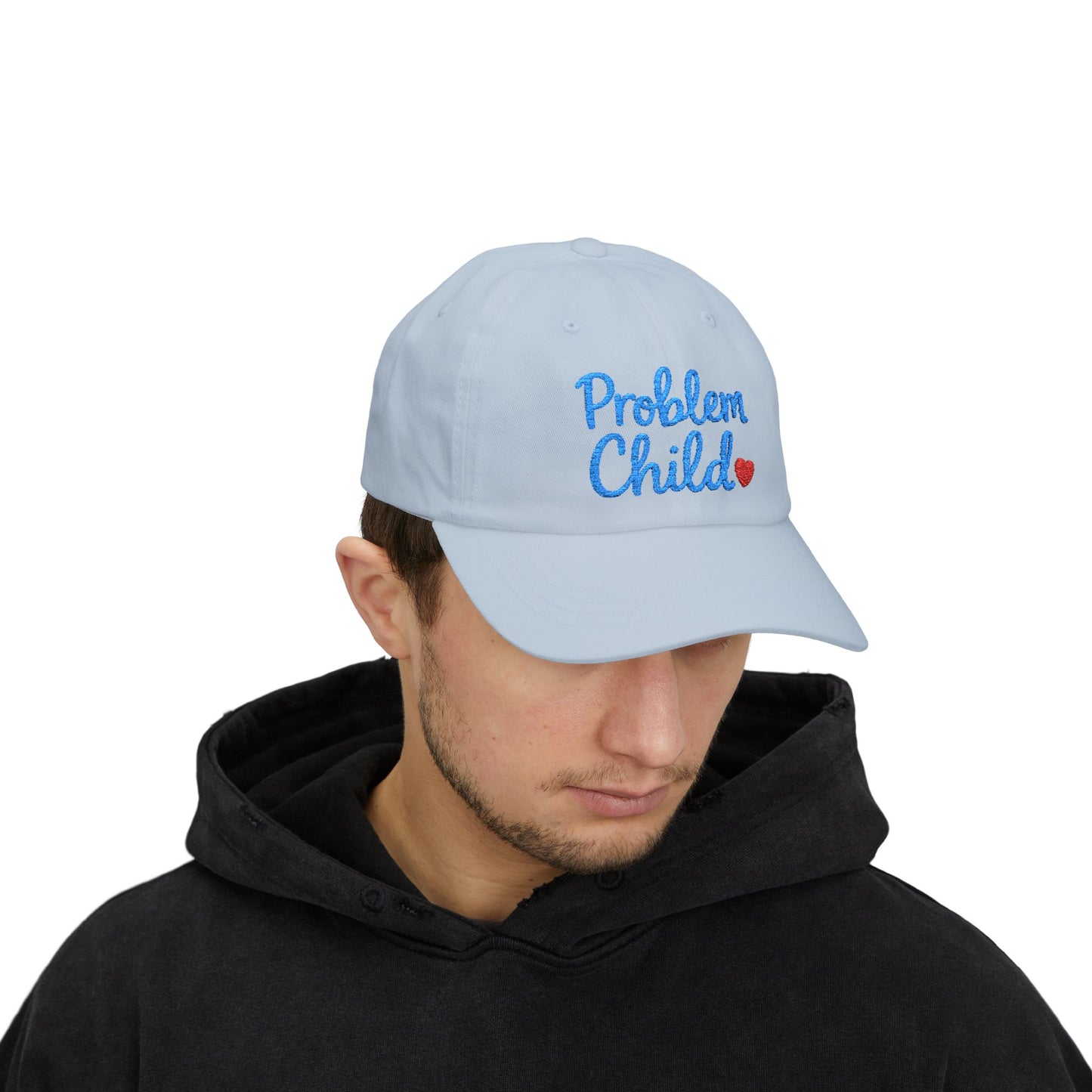 Problem Child Embroidered Classic Dad Hat – Bold Script Baseball Hat with Red Heart for the Unruly and Unapologetic. Blue Letters