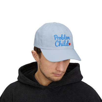 Problem Child Embroidered Classic Dad Hat – Bold Script Baseball Hat with Red Heart for the Unruly and Unapologetic. Blue Letters