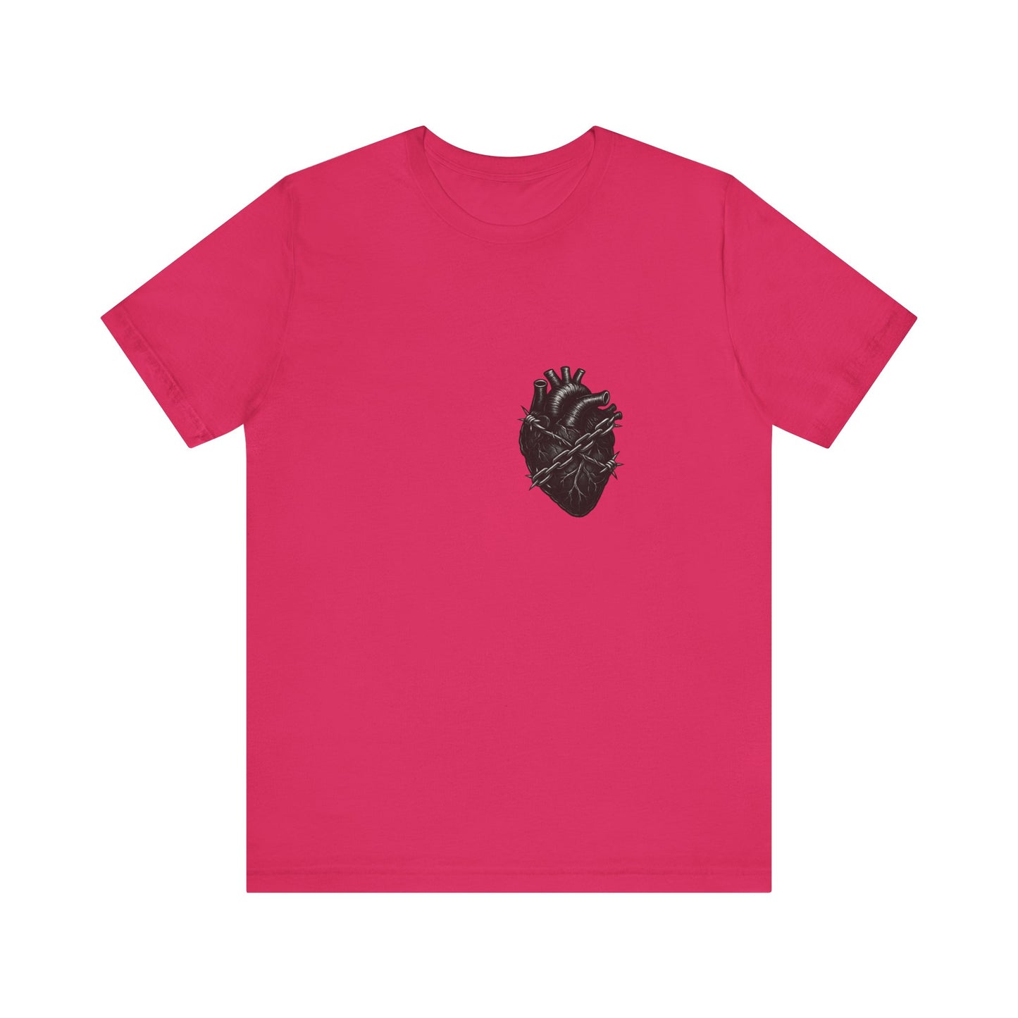 Heart in Chains Shirt – Dark Theme Anatomical Heart Wrapped in Barbed Wire and Commitment Issues. Unisex Jersey Short Sleeve Tee