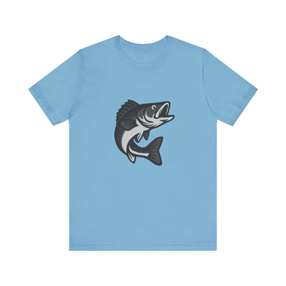 Walleye Fishing Graphic T-Shirt – Dark Theme Grayscale Freshwater Game Fish Design on Black Tee with Angler Energy and Modern Ghost Effect. Unisex Jersey Short Sleeve Tee
