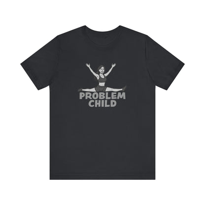 Problem Child Graphic Tee Cheerful Rebel Jump Pose in Bold Dark Theme Monochrome Style. Unisex Jersey Short Sleeve Tee