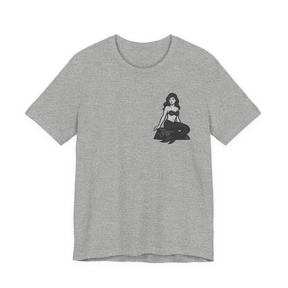 Mermaid Graphic T-Shirt – Dark Theme Grayscale Siren on Rock Design on Black Tee with Fantasy Vibes and Modern Ghost Effect. Unisex Jersey Short Sleeve Tee