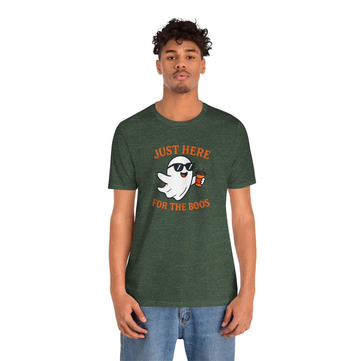 Just Here for the Boos Halloween Shirt – Funny Ghost Drinking Coffee Graphic Tee for Spooky Season