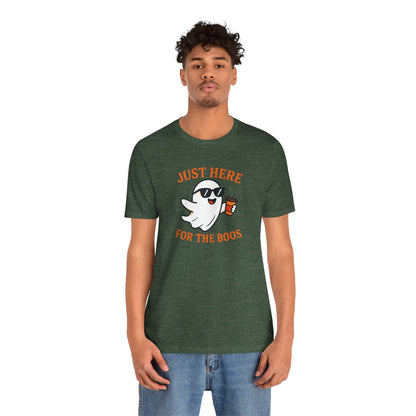 Just Here for the Boos Halloween Shirt – Funny Ghost Drinking Coffee Graphic Tee for Spooky Season