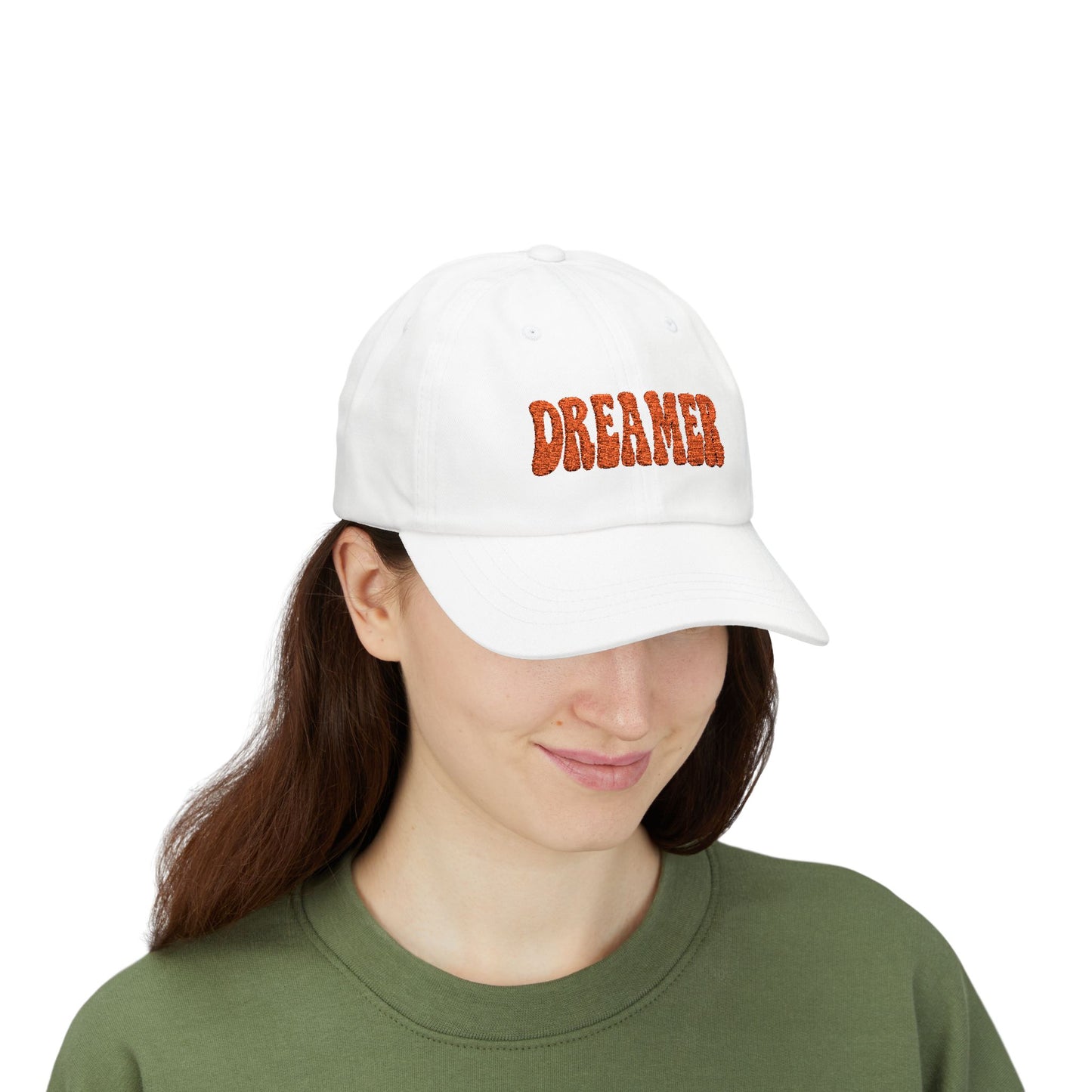 Dreamer Classic Dad Hat – Embroidered Minimalist Script Hat for Visionaries, Creatives, and Chill Daydreamers. Orange Letters