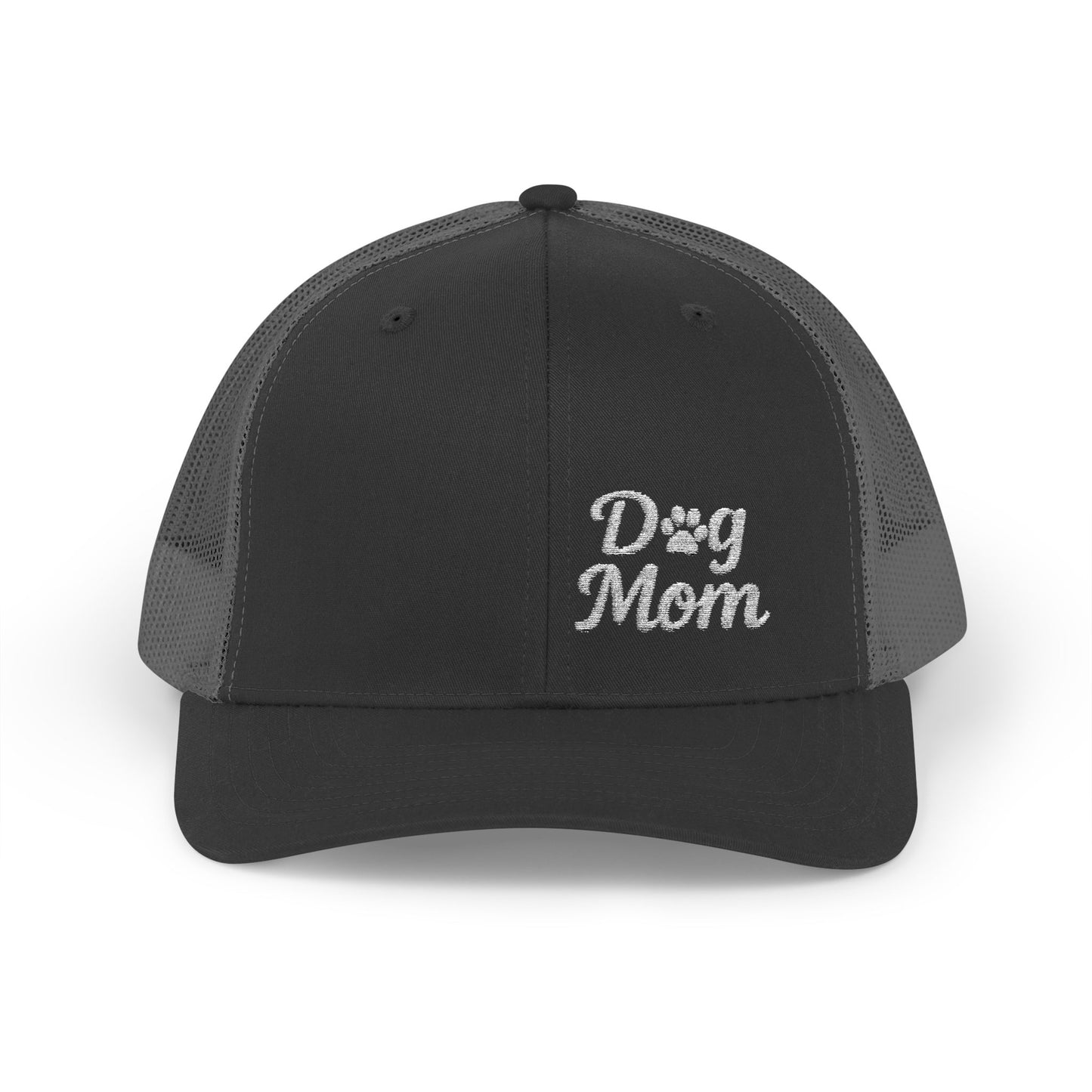 Dog Mom Trucker Hat – Embroidered Minimalist Dog Face Hat for Proud Pet Moms and Dog-Loving Style. White Letters