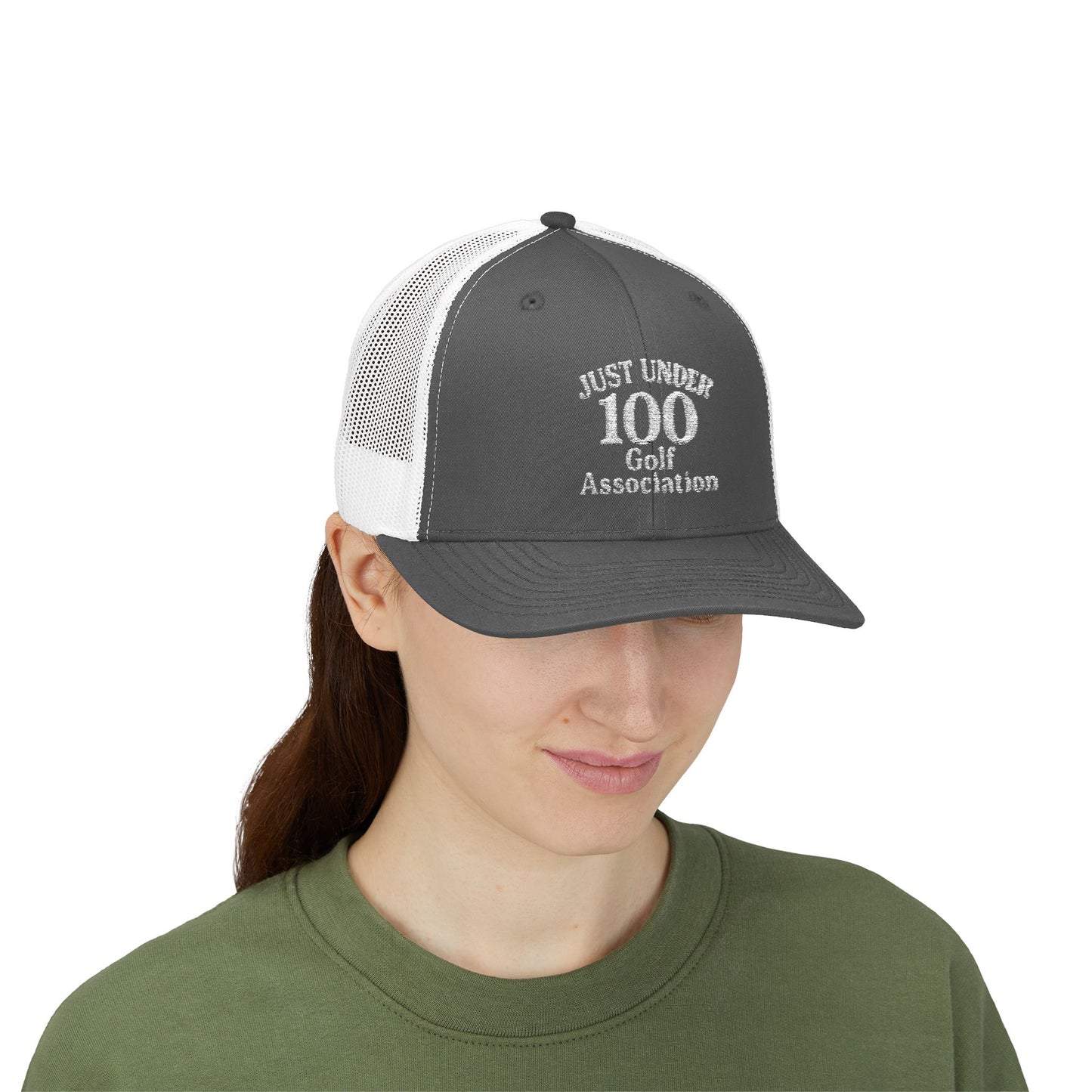 Just Under 100 Golf Trucker Hat – Embroidered Funny Golf Hat for Weekend Golfers and Casual Fairway Vibes. White Letters
