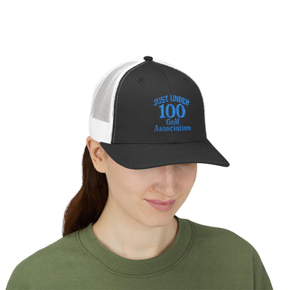 Just Under 100 Golf Trucker Hat – Embroidered Funny Golf Hat for Weekend Golfers and Casual Fairway Vibes. Blue Letters