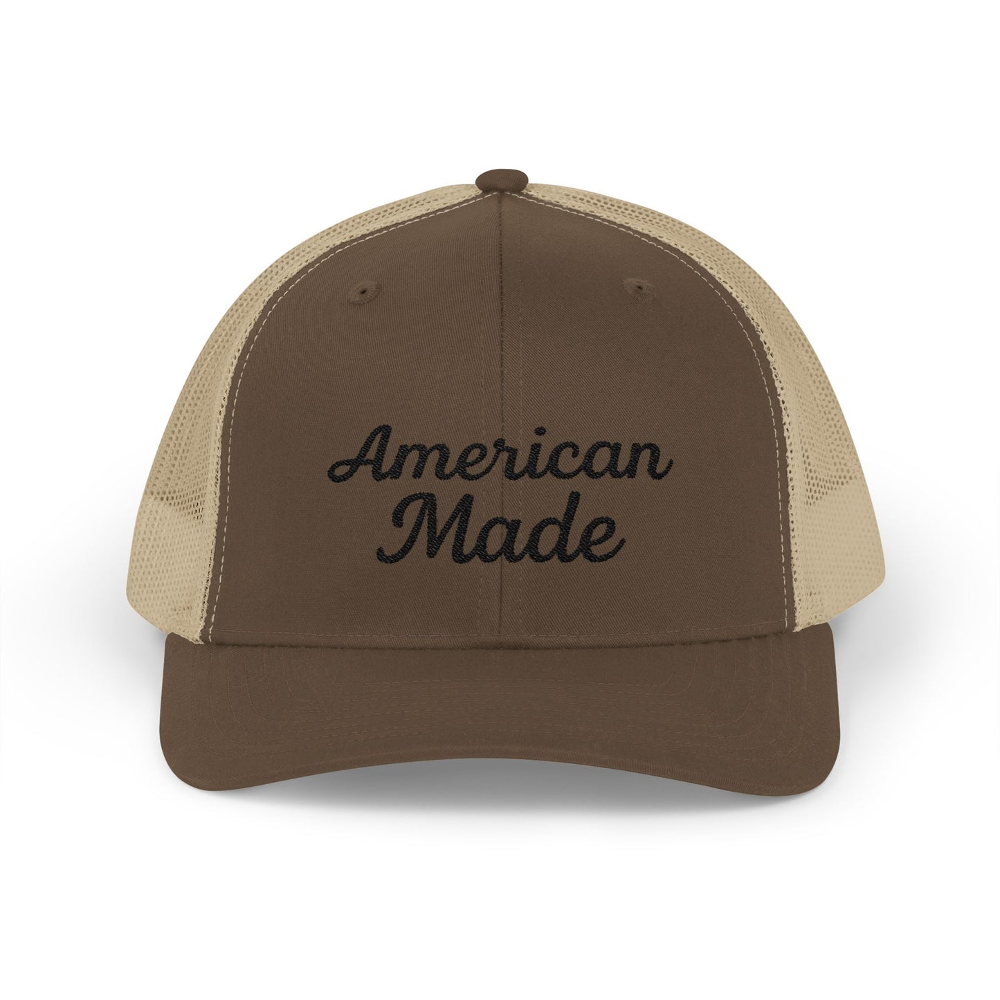 American Made Trucker Hat – Embroidered Patriotic Hat with Retro Script for USA Pride and Everyday Freedom. Black Letters