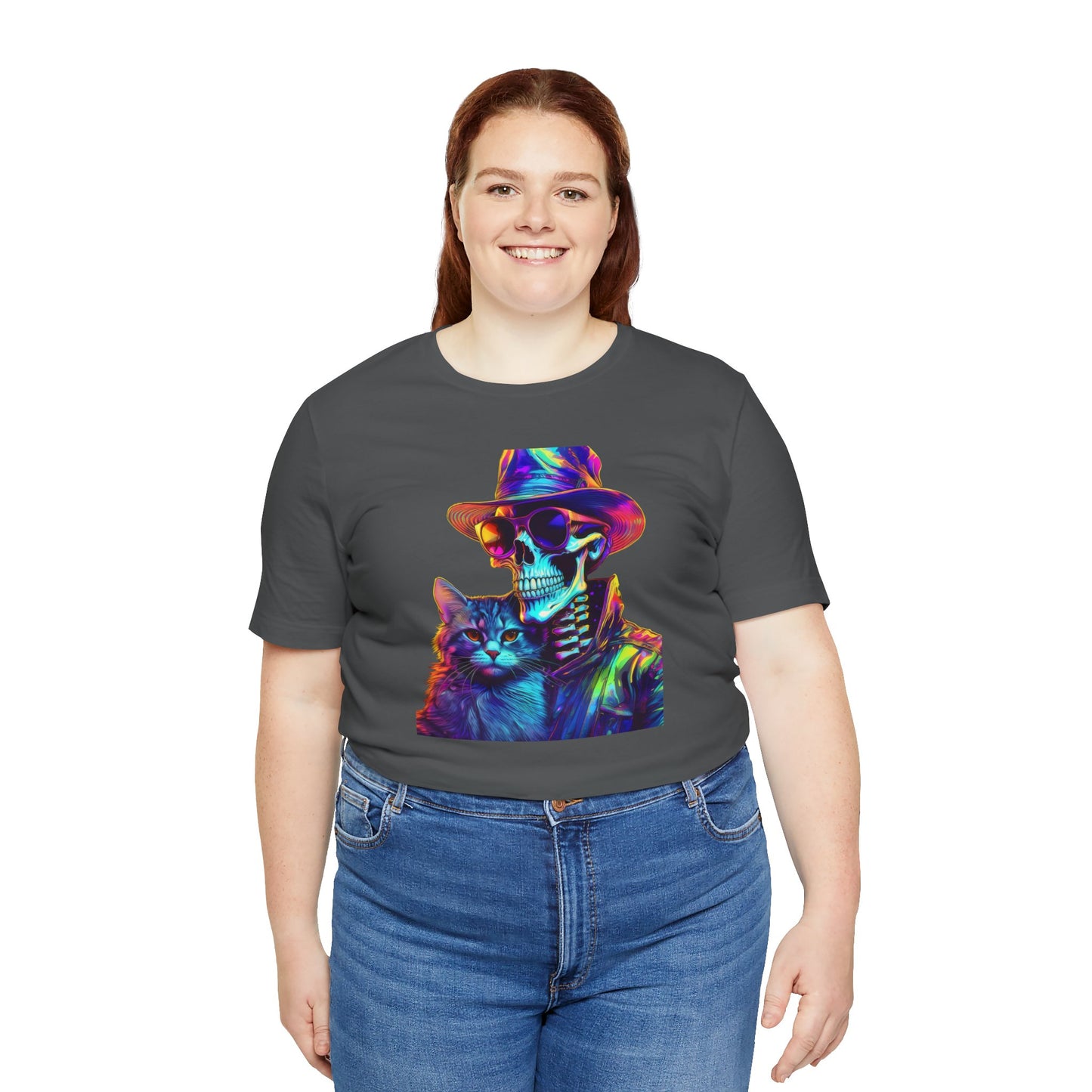 Cool Skeleton and Cat Halloween Shirt – Neon Retro Horror Graphic Tee for Spooky Style and Cat Lovers