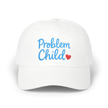 Problem Child Embroidered Classic Dad Hat – Bold Script Baseball Hat with Red Heart for the Unruly and Unapologetic. Blue Letters