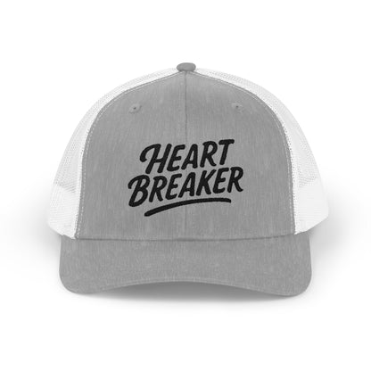 Heartbreaker Trucker Hat – Bold Baseball Hat with Retro Script and Broken Heart Design for Confident Rule-Breakers. Black Letters