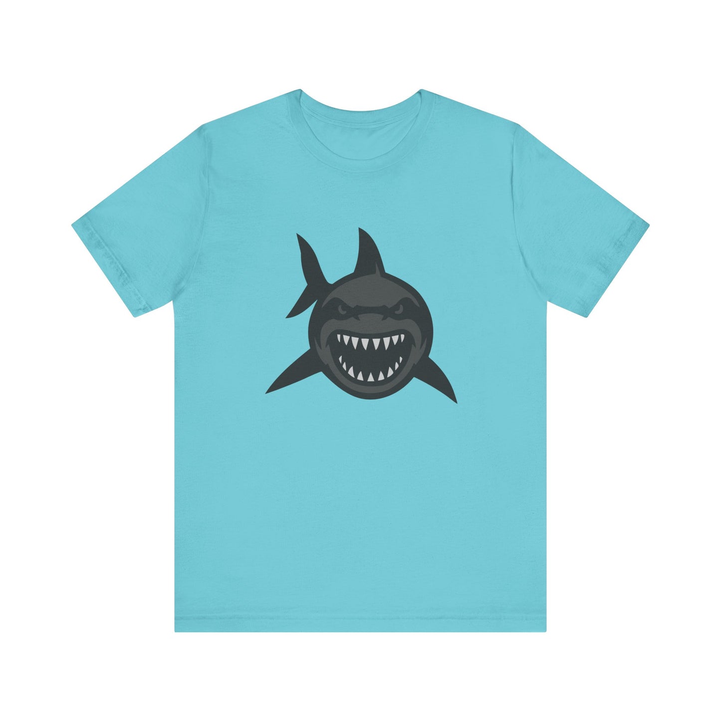 Ferocious Shark Face Graphic Tee with a Bold Bite – Dark Theme Ocean Predator Shirt in Black and Grey. Unisex Jersey Short Sleeve Tee