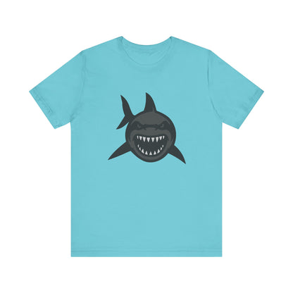 Ferocious Shark Face Graphic Tee with a Bold Bite – Dark Theme Ocean Predator Shirt in Black and Grey. Unisex Jersey Short Sleeve Tee