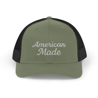 American Made Trucker Hat – Embroidered Patriotic Hat with Retro Script for USA Pride and Everyday Freedom. White Letters